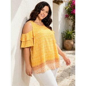 NWT AVENUE Cold Shoulder Frill Sleeve Tunic Top in Yellow Sunrise Border 14